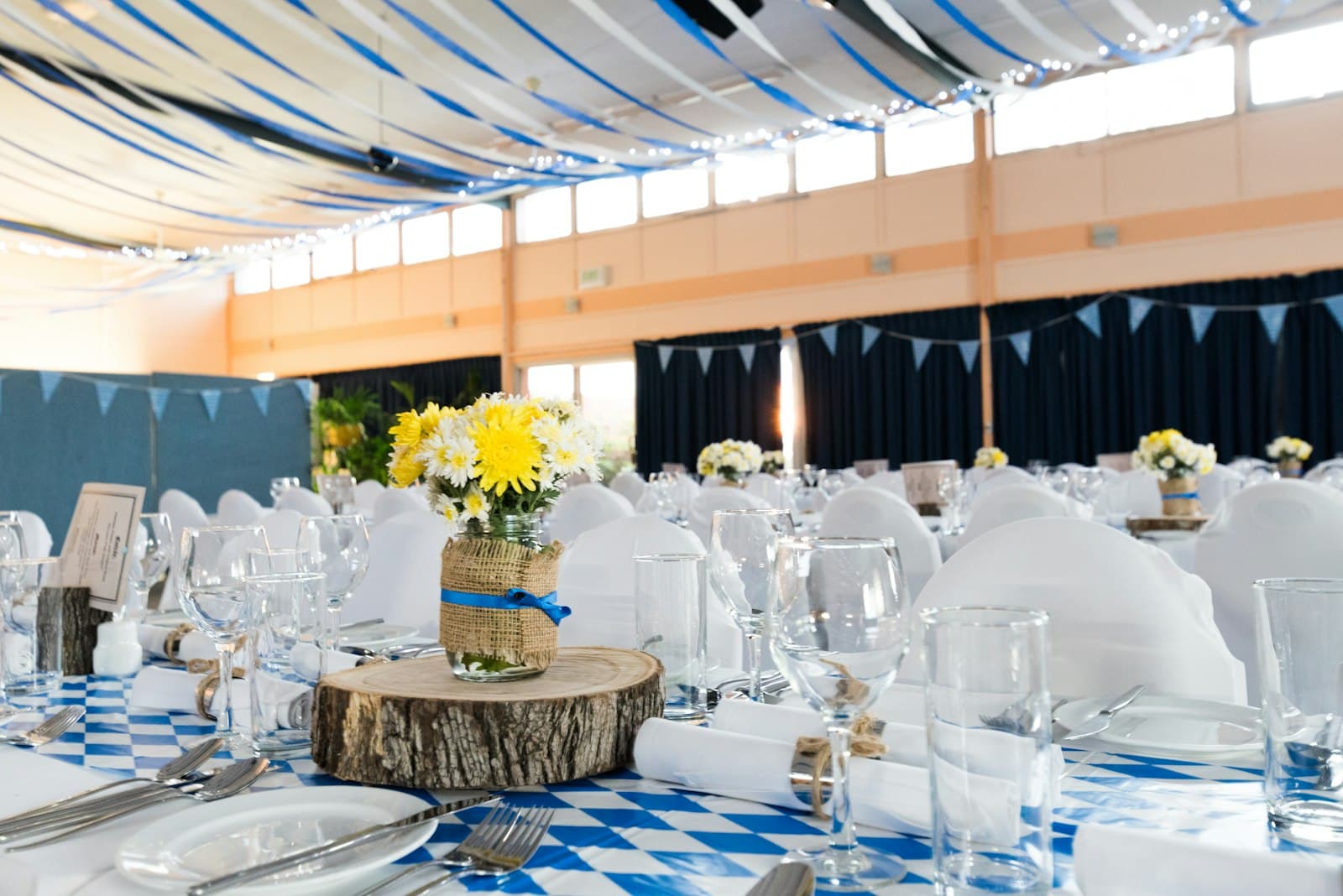 Evening wedding reception under warm lights